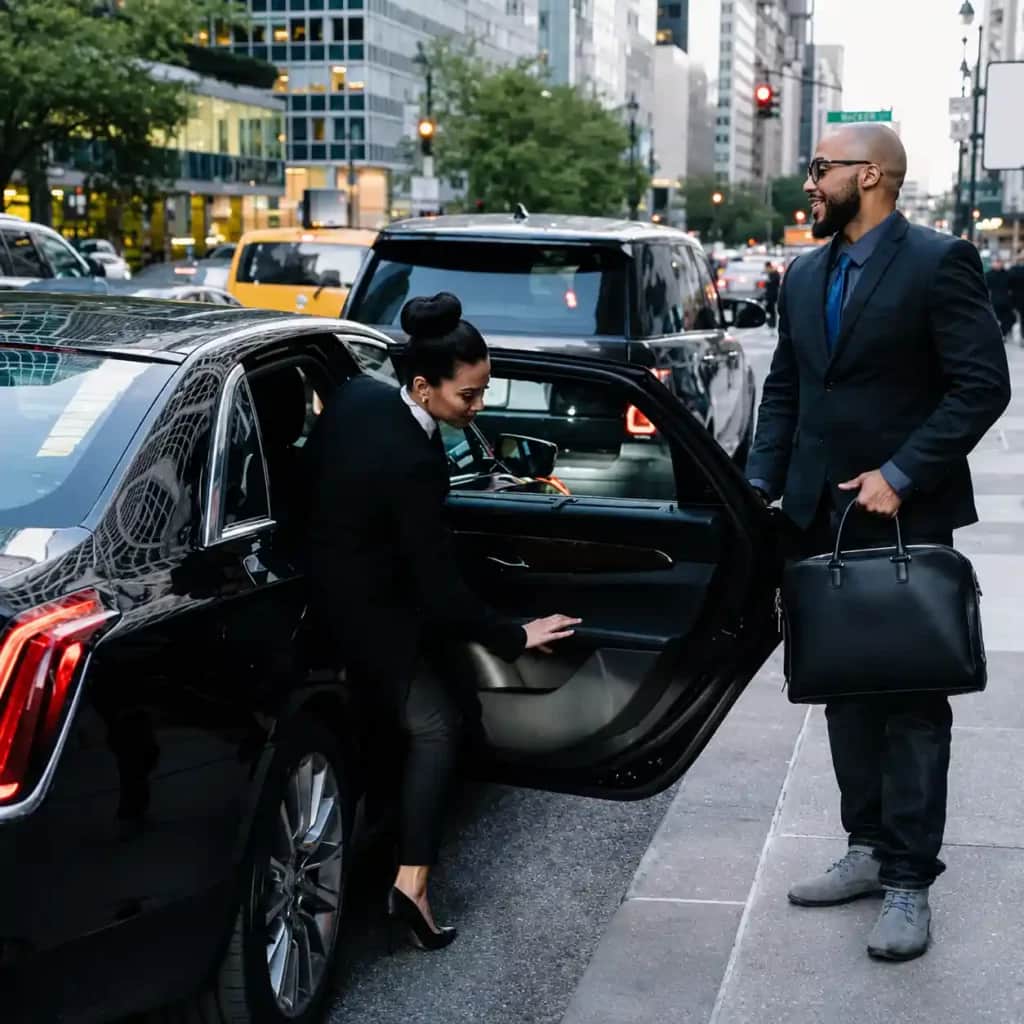 Chauffeur opening a black car door in the city